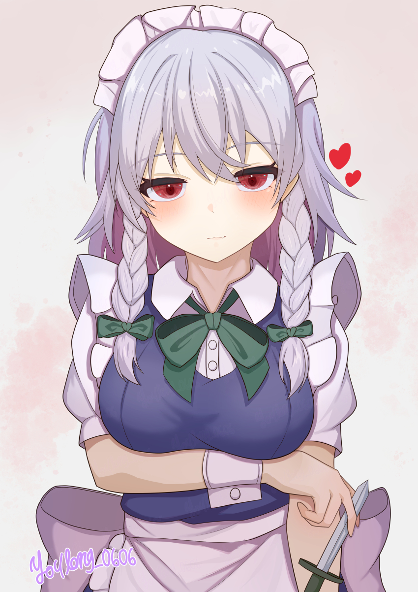 1girl absurdres apron artist_name back_bow between_fingers blue_dress blush bow bowtie braid breasts buttons closed_mouth collared_shirt colored_inner_hair dagger dress frills green_bow green_bowtie grey_hair hair_between_eyes hair_bow half-closed_eyes hand_up heart highres holding holding_dagger holding_knife holding_weapon izayoi_sakuya knife large_breasts looking_at_viewer maid maid_headdress multicolored_hair pink_background puffy_short_sleeves puffy_sleeves purple_hair red_eyes shirt short_hair short_sleeves simple_background smile solo touhou twin_braids upper_body weapon white_apron white_bow white_shirt wrist_cuffs youlong_0606