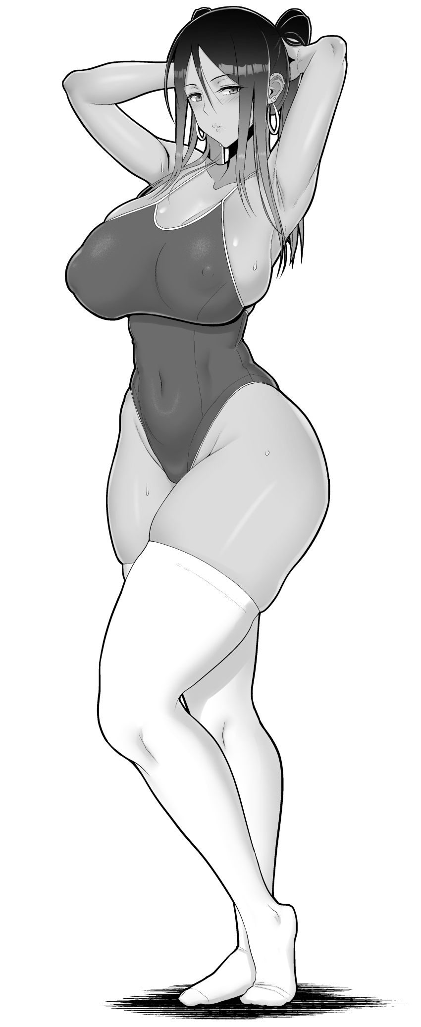 1girl absurdres armpits arms_behind_head blush breasts cleavage competition_swimsuit covered_erect_nipples covered_navel dark-skinned_female dark_skin feet half-closed_eyes highres large_breasts legs long_hair looking_at_viewer monochrome nipples one-piece_swimsuit original parted_lips seductive_gaze see-through_clothes sideboob sueyuu sweat swimsuit teeth thick_thighs thighhighs thighs toned twintails wide_hips wide_sleeves