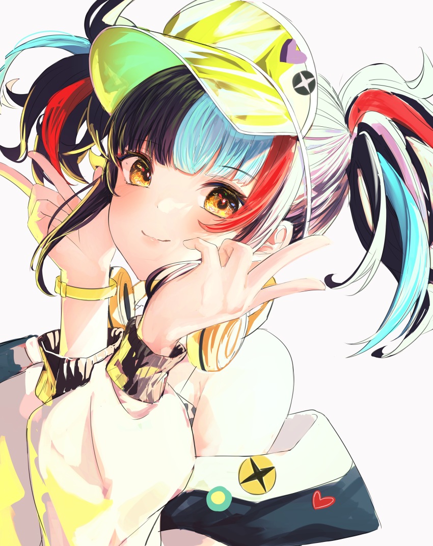 1girl absurdres double_v fate/grand_order fate_(series) headphones headphones_around_neck highres jacket multicolored_hair sei_shounagon_(fate) sei_shounagon_(swimsuit_berserker)_(fate) smile twintails v visor_cap white_jacket wristband yagi_(yagi5art) yellow_eyes