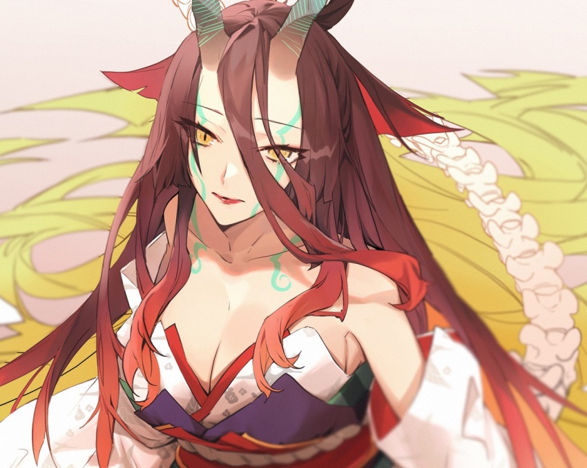 1girl bare_shoulders breasts brown_hair cleavage collarbone facial_mark fate/grand_order fate/requiem fate_(series) gradient_hair hair_between_eyes horns japanese_clothes kijo_kouyou_(fate) kijo_kouyou_(third_ascension)_(fate) kimono large_breasts lipstick long_hair long_sleeves looking_at_viewer makeup multicolored_hair no-kan obi off_shoulder red_lips sash slit_pupils very_long_hair white_kimono yellow_eyes