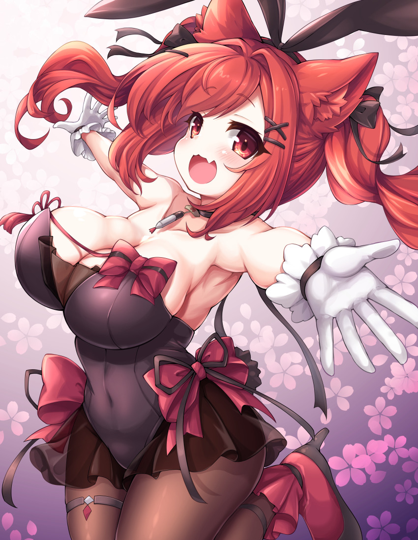 1girl :d absurdres animal_ears azur_lane bare_shoulders black_leotard blush bow breasts cat_ears cat_girl cleavage commentary_request covered_navel fang gloves hair_ornament hairclip happy high_heels highres hip_focus i-19_(azur_lane) i-19_(blossoming_bunny)_(azur_lane) kinomiki_nobori large_breasts legs_folded leotard long_hair looking_at_viewer open_mouth pantyhose playboy_bunny rabbit_ears red_bow red_eyes red_hair skin_tight smile solo strapless strapless_leotard thigh_strap thighs twintails white_gloves x_hair_ornament