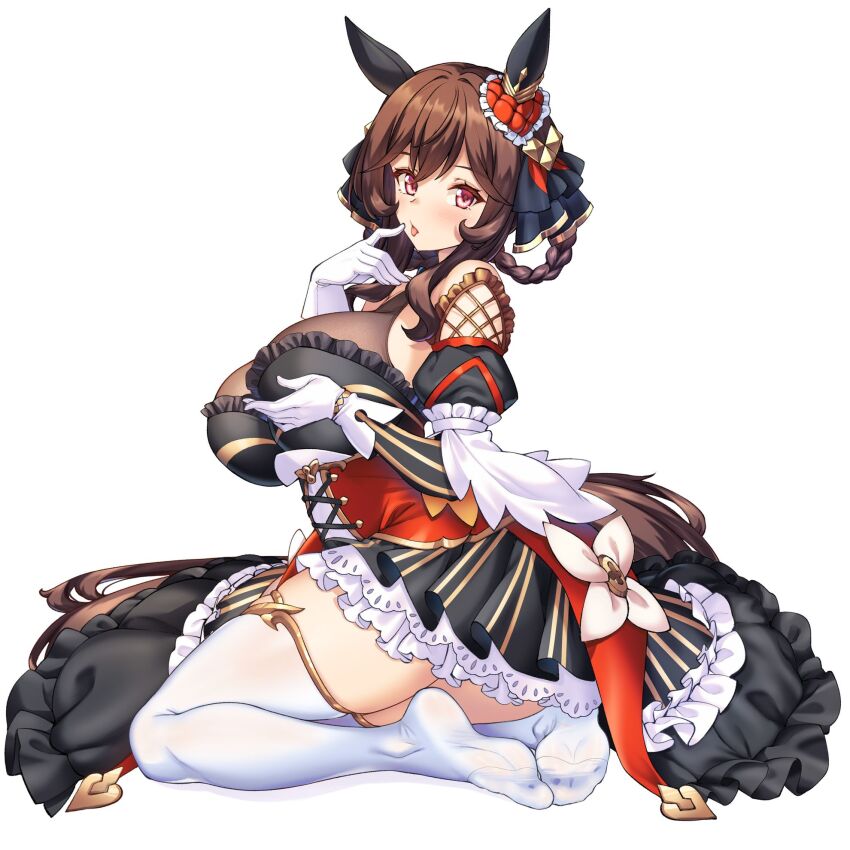 1girl animal_ears blush breasts cleavage collarbone commentary_request detached_sleeves dress full_body gentildonna_(umamusume) gloves hair_ornament hair_rings highres horse_ears horse_girl large_breasts looking_at_viewer medium_hair red_eyes shirokuma_a simple_background soles solo thighhighs tongue tongue_out umamusume white_background