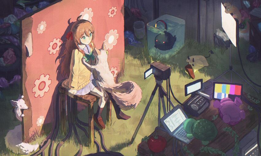 1girl absurdres adjusting_another&#039;s_clothes ahoge animalization annytf artist_name black_socks blue_eyes blue_skirt bow bowtie brown_hair brown_shoes camera cardigan commentary computer english_commentary filian_(vtuber) full_body green_bow green_bowtie hair_ribbon highres indie_virtual_youtuber kitanya_nyanta laptop loafers long_hair neuro-sama objectification pleated_skirt rable red_ribbon ribbon sailor_collar shoes sitting skirt slice_of_toma socks table test_card trash tripod turtle twitter_username two_side_up vedal987 video_camera virtual_youtuber