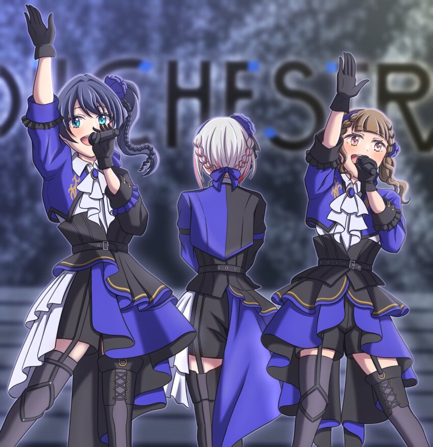 3girls 4th_live_dream_~bloom_the_dream_believers~ :d apron arm_up ascot black_gloves black_jacket black_shorts blue_flower blue_hairband blue_jacket blue_ribbon blue_rose blurry blurry_background blush braid collared_shirt commentary_request dollchestra dress_shirt facing_away flower flower_hairband frilled_apron frilled_sleeves frills ganbarai gloves grey_hair hair_ribbon hairband highres holding holding_microphone jacket kachimachi_kosuzu link!_like!_love_live! looking_ahead love_live! microphone multicolored_jacket multiple_girls murano_sayaka music open_clothes open_jacket open_mouth ribbon rose shirt short_shorts shorts side_braids singing smile teeth three-quarter_sleeves two-tone_jacket upper_teeth_only virtual_youtuber walking_away white_ascot white_shirt yugiri_tsuzuri