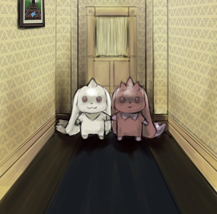 body_fur brown_fur digimon digimon_(creature) full_body green_fur grey_fur highres horns horror_(theme) looking_at_viewer lopmon mas_square no_humans single_horn standing terriermon the_shining