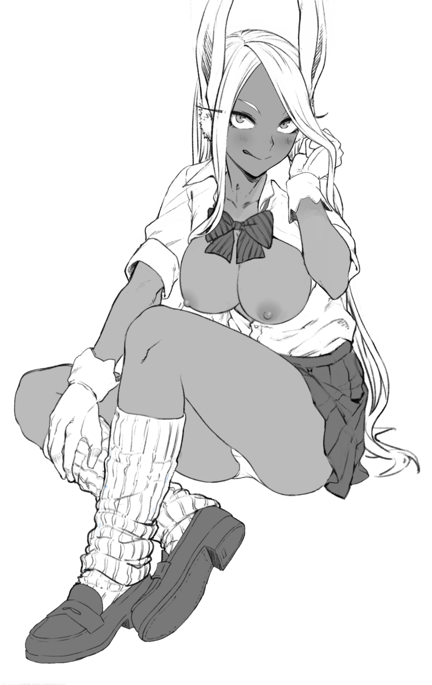1girl :p animal_ears blush boku_no_hero_academia bow breasts collarbone collared_shirt gloves greyscale hand_in_own_hair highres large_breasts long_eyelashes long_hair looking_at_viewer loose_socks mirko monochrome nipples panties parted_bangs partially_unbuttoned pleated_skirt prime_(prime_tw) rabbit_ears rabbit_girl school_uniform shirt shirt_tucked_in shoes simple_background sitting skirt sleeves_rolled_up smile socks solo thighs tongue tongue_out underwear very_long_hair