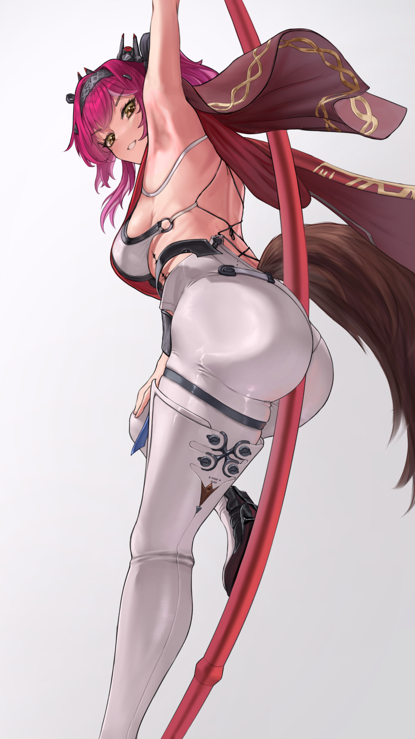 1girl absurdres arm_up armpits ass back between_buttocks bodysuit boots breasts commentary from_side grey_background hairband headgear highres large_breasts long_hair looking_at_viewer lupa_(wuthering_waves) metal_hairband parted_lips pink_hair polearm raziel_(artist) red_sash sash simple_background smile solo tacet_mark_(wuthering_waves) tail thigh_boots weapon white_bodysuit white_boots wolf_tail wuthering_waves yellow_eyes