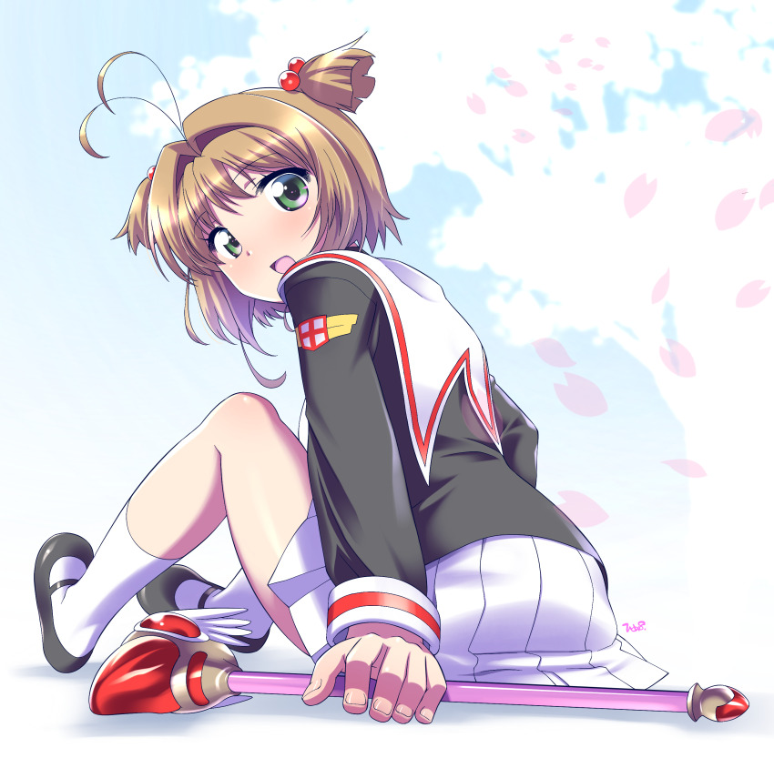 1girl :d absurdres antenna_hair black_shirt black_shoes brown_hair cardcaptor_sakura cherry_blossoms falling_petals full_body fuuin_no_tsue green_eyes hair_bobbles hair_intakes hair_ornament highres himehachi_(hime8manga) kinomoto_sakura looking_back mary_janes miniskirt open_mouth petals pink_petals pleated_skirt sailor_collar school_uniform serafuku shadow shirt shoes short_hair sitting skirt smile socks solo tomoeda_elementary_school_uniform tree two_side_up wand white_sailor_collar white_skirt white_socks