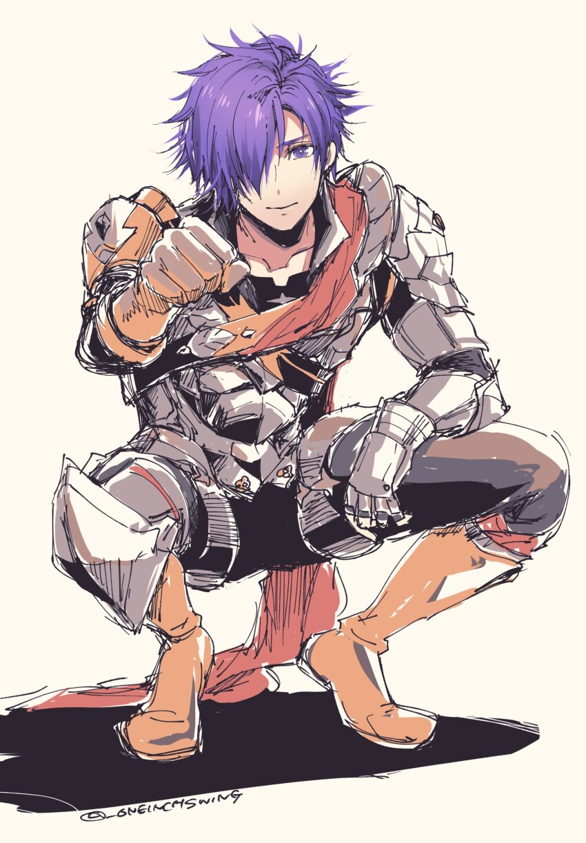 1boy absurdres armor fire_emblem fire_emblem:_three_houses fire_emblem_warriors:_three_hopes fist_bump highres looking_at_viewer male_focus male_shez_(fire_emblem) nintendo purple_eyes purple_hair signature sketch smile solo squatting umi_(_oneinchswing)