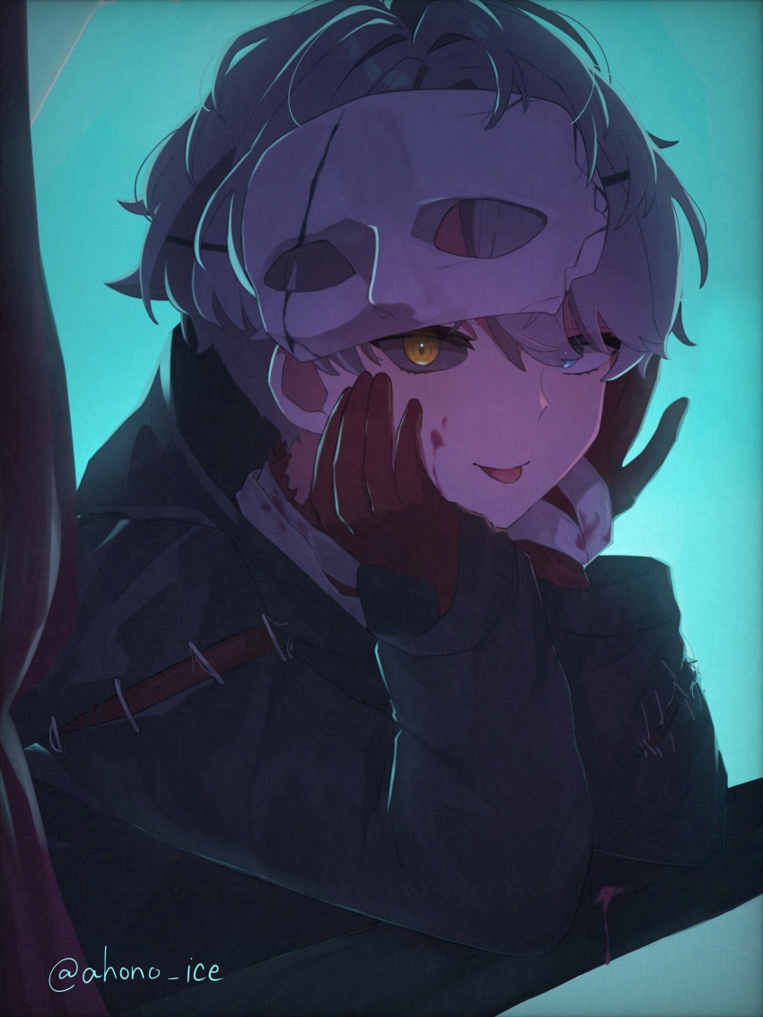 1boy :p absurdres aisu_(ahono_ice) backlighting black_coat black_sclera blue_background blue_eyes coat colored_sclera gloves grey_hair hands_on_own_cheeks hands_on_own_face heterochromia highres mask mask_on_head mismatched_sclera official_alternate_costume red_gloves reverse:1999 solo tongue tongue_out twitter_username upper_body x_(breathing_in_silence)_(reverse:1999) x_(reverse:1999) yellow_eyes