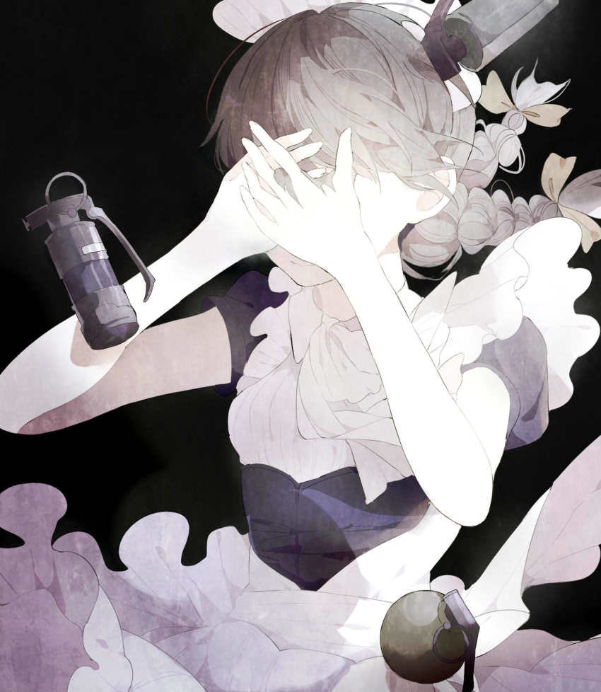 1girl apron ascot bare_arms black_background bow braid breasts brown_hair closed_mouth collared_dress covered_eyes covering_own_eyes dress explosive facing_viewer floating floating_clothes floating_hair floating_object frilled_apron frills grenade grey_hair hair_bow hands_up highres maid maid_apron maid_headdress n79oqc3yja6jlof original own_hands_together short_sleeves simple_background small_breasts smile smoke_grenade solo three_monkeys twin_braids twintails upper_body waist_apron white_apron white_ascot yellow_bow