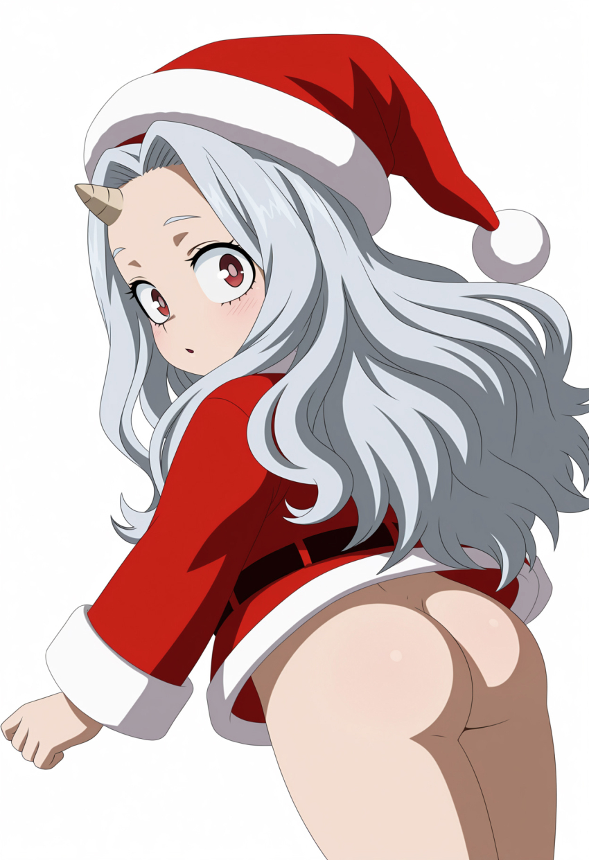 1girl ass boku_no_hero_academia bottomless christmas dress eri_(boku_no_hero_academia) female_focus grey_hair hat highres horns loli looking_at_viewer looking_back red_eyes santa_costume santa_dress santa_hat solo unmeiart