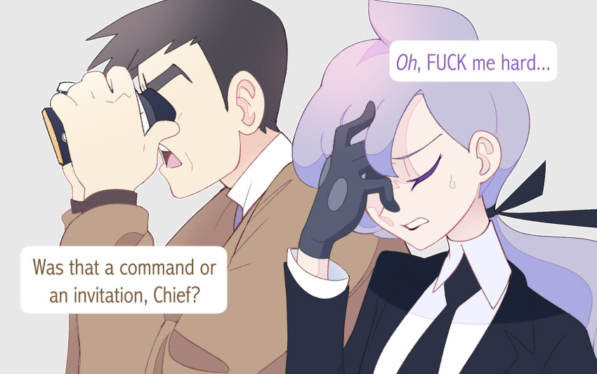 1boy 1girl anabel_(pokemon) binoculars black_gloves black_hair closed_eyes collared_shirt english_text gloves grey_background hair_ribbon hand_on_own_face highres holding holding_binoculars looker_(pokemon) necktie nintendo open_mouth pokemon pokemon_sm profanity purple_hair ribbon shirt simple_background sweat upper_body vergolophus