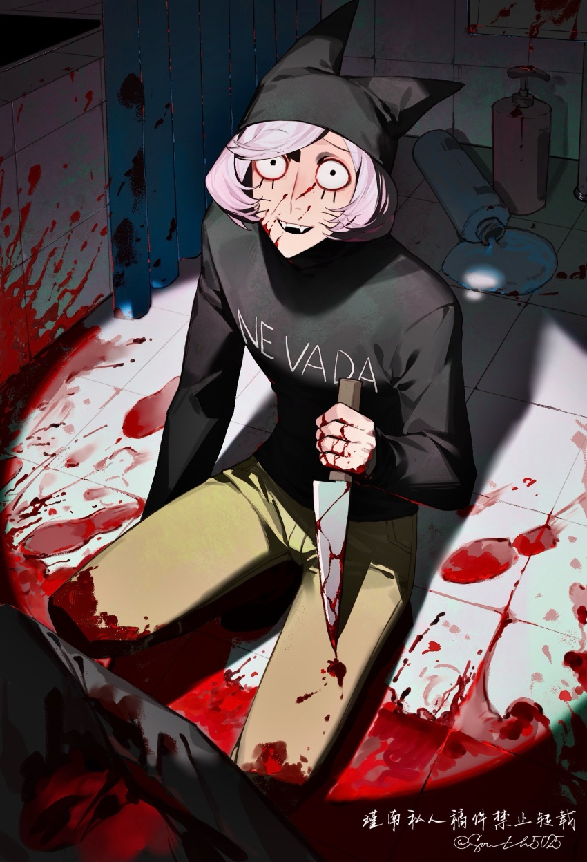 1boy absurdres animal_hat bathroom black_eyes blood blood_on_clothes blood_on_face blood_on_ground bloody_weapon cat_hat corpse facial_mark fangs hat highres holding holding_knife indoors jinnan00354 knife looking_at_viewer male_focus murder nyen_(randal&#039;s_friends) on_one_knee pink_hair randal&#039;s_friends short_hair soap soap_bottle solo spotlight tile_floor tile_wall tiles weapon whisker_markings