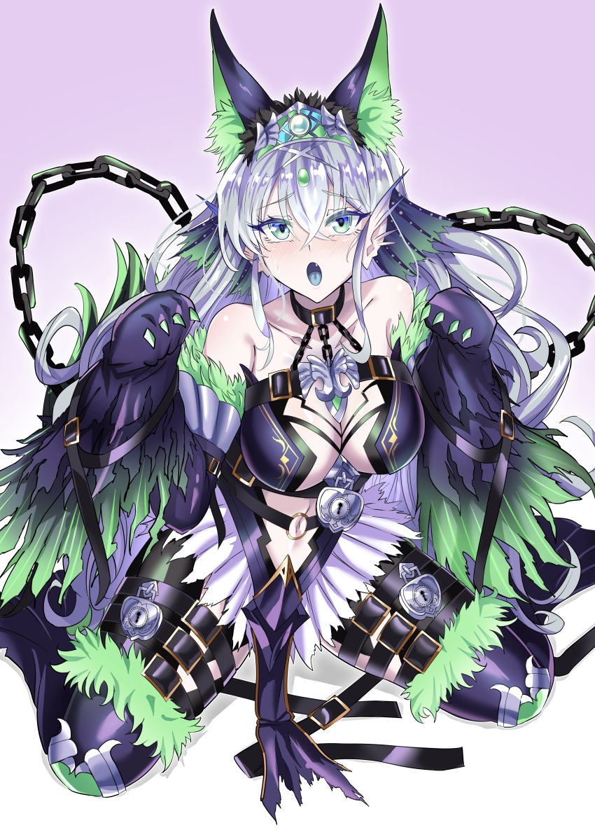 1girl absurdres adapted_costume animal_ears blue_tongue chain cleavage_cutout clothing_cutout collar colored_tongue dog_ears duel_monster full_body garter_belt green_eyes grey_hair highres kitkallos_(yu-gi-oh!) lock looking_at_viewer navel on_floor padlock paw_pose siren_(mythology) solo synchroman tearlaments_kitkallos tiara yu-gi-oh!