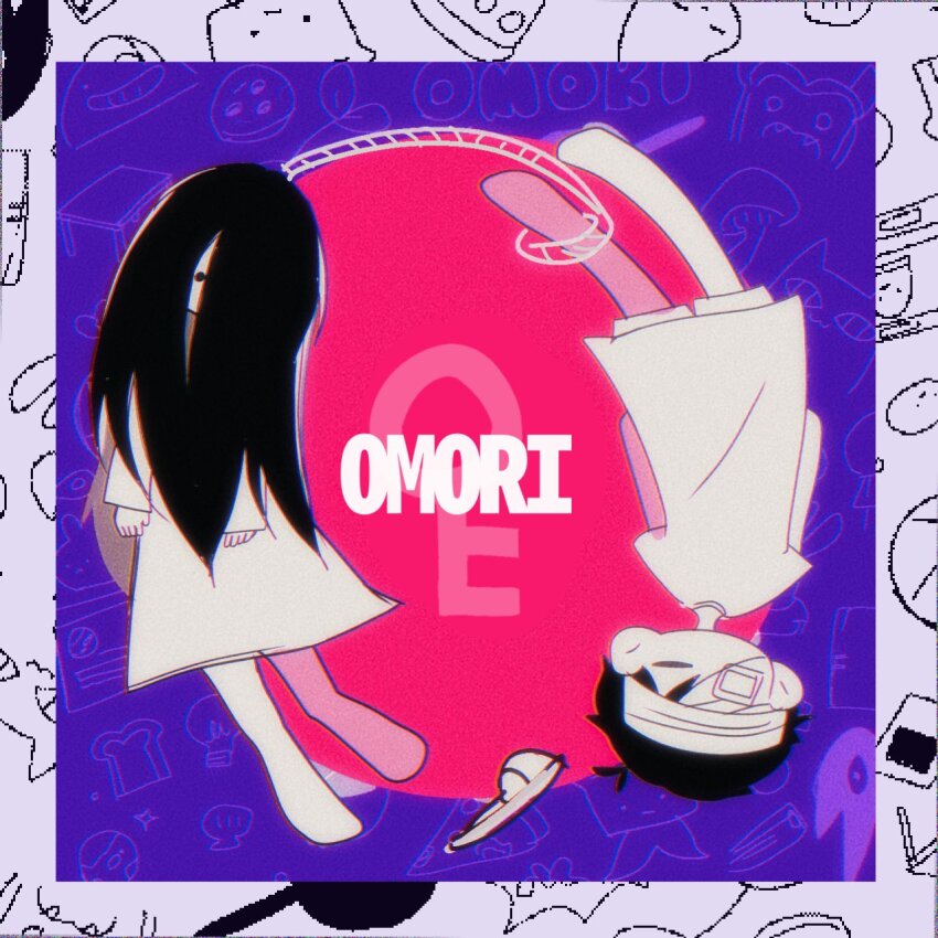 1boy 1girl antenna_hair arms_at_sides barefoot big_yellow_cat_(omori) black_hair border chromatic_aberration closed_eyes colored_skin commentary_request copyright_name deformed dress film_grain food forest_bunny_(omori) gimu108 grey_border hair_behind_ear highres humphrey_(omori) key living_bread_(omori) long_hair long_sleeves looking_at_viewer mari_(faraway)_(omori) mari_(omori) mushroom no_mouth official_alternate_costume omori photo_(object) pizza purple_background red_background rope shirt short_hair short_sleeves simple_background slippers snaley_(omori) something_(omori) sparkle spoilers sunny_(omori) two-tone_background unworn_slippers white_dress white_shirt white_skin white_slippers