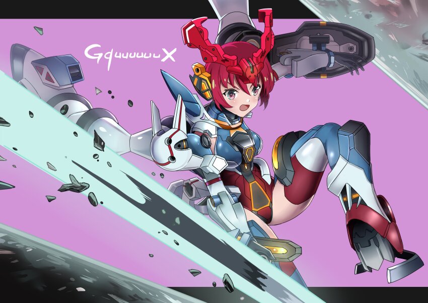 1girl absurdres amate_yuzuriha breasts commentary english_commentary gquuuuuux gundam highres leotard looking_at_viewer mecha_musume medium_breasts open_mouth red_eyes red_hair shield short_hair solo sudhiro_sappurisa thighhighs thrusters v-fin variant_set very_short_hair
