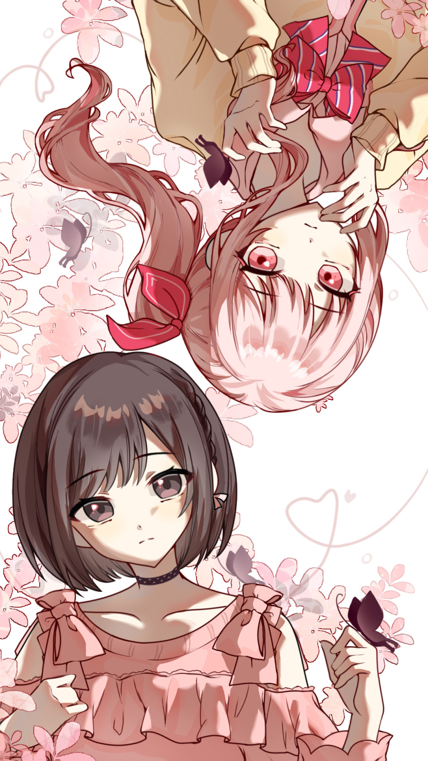 1girl 1other akiyama_mizuki bare_shoulders black_butterfly black_choker bob_cut bow bowtie braid brown_eyes brown_hair bug butterfly butterfly_on_hand cardigan chinese_commentary choker closed_mouth clothing_cutout collarbone commentary_request diagonal-striped_bow diagonal-striped_bowtie diagonal-striped_clothes finger_to_own_chin flower frilled_shirt frills frown hair_bow hand_on_own_chest heart heart_of_string high_side_ponytail highres insect kamiyama_high_school_uniform_(project_sekai) long_hair long_sleeves looking_at_viewer pink_bow pink_eyes pink_flower pink_hair pink_shirt project_sekai puffy_long_sleeves puffy_sleeves qitanicheng041 red_bow red_bowtie school_uniform shinonome_ena shirt shirt_bow short_hair shoulder_cutout side_ponytail sidelocks simple_background single_braid striped_clothes swept_bangs upper_body upside-down white_background yellow_cardigan