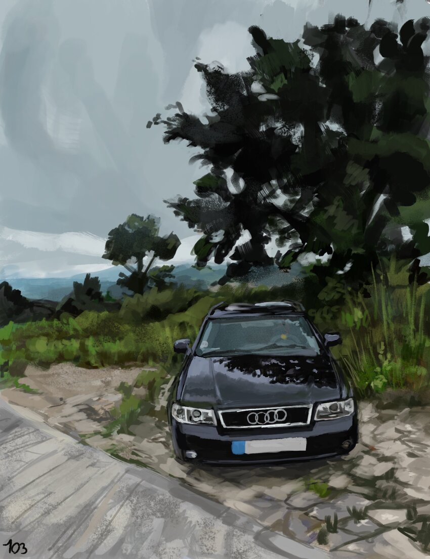 103anon artist_name audi black_car car cloud cloudy_sky day derivative_work grass highres motor_vehicle no_humans original outdoors sky tree vehicle_focus