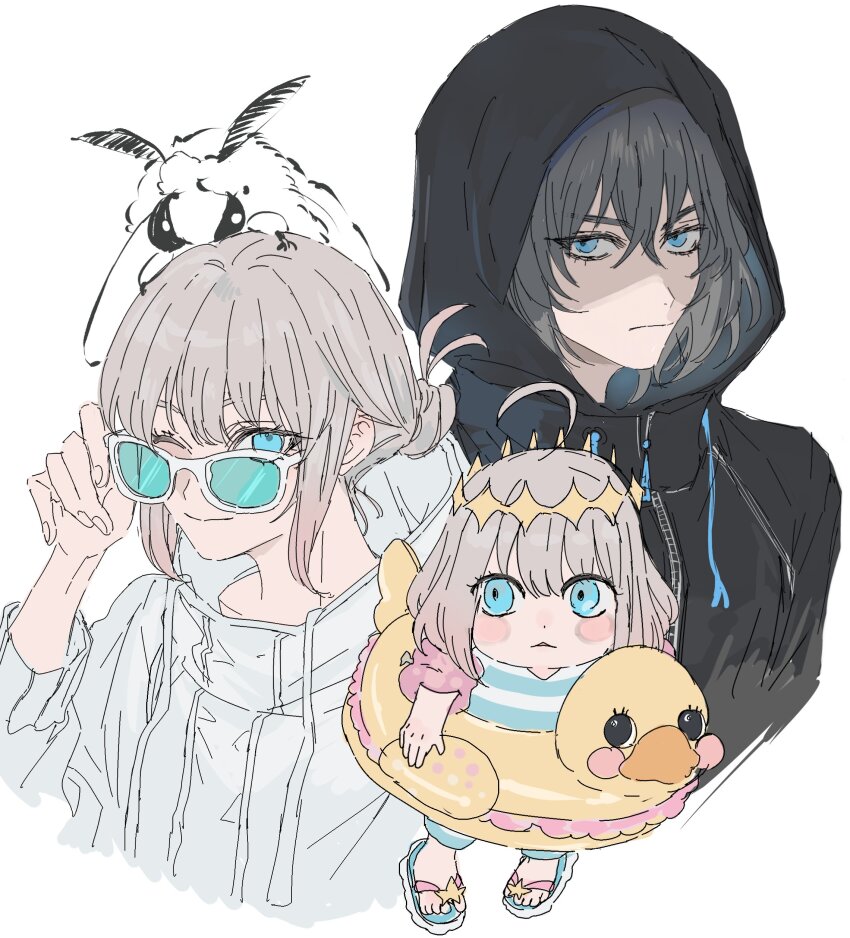 1boy absurdres aged_down animal animal_on_head black_hair black_hoodie blanca_(fate) blue-tinted_eyewear blue_eyes blush_stickers bug closed_mouth duck_innertube eyelashes fate/grand_order fate_(series) fingernails grey_hair highres hood hood_up hoodie innertube insect moth oberon_(fate) oberon_(third_ascension)_(fate) on_head sandals short_hair simple_background smile striped_male_swimwear swim_ring time_paradox tinted_eyewear white-framed_eyewear white_background yurumawari