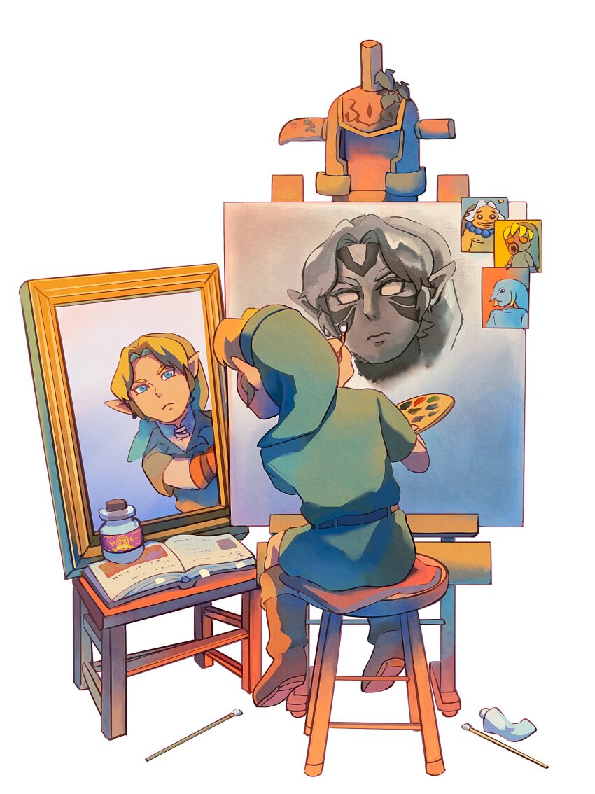1boy absurdres art_brush belt blonde_hair book boots brown_boots canvas_(object) chair dark_persona deku deku_link easel fake_horns fierce_deity fine_art_parody gloves goron goron_link green_tunic hat helmet hero&#039;s_shade highres holding holding_paint_palette holding_paintbrush horned_helmet horns knee_boots left-handed link looking_at_mirror mirror nasagina nintendo open_book paint paint_palette paint_tube paintbrush painting_(action) painting_(object) parody parted_bangs simple_background solo table the_legend_of_zelda the_legend_of_zelda:_majora&#039;s_mask triple_self-portrait_(norman_rockwell) tunic white_background zora zora_link