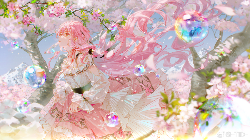 1girl arm_cutout blue_sky blurry blurry_foreground bubble cowboy_shot day floating_hair flower frilled_shirt frilled_skirt frills from_side highres infinity_nikki leaf long_hair long_skirt long_sleeves looking_up mountain neck_ribbon nikki_(nikki) nikki_(series) outdoors peach_blossom pink_flower pink_hair pink_ribbon pink_skirt print_skirt profile puffy_long_sleeves puffy_sleeves ribbon shirt skirt skirt_hold sky snowflake_print solo tidsean too_many_flowers tree very_long_hair watermark weibo_watermark white_shirt yellow_eyes