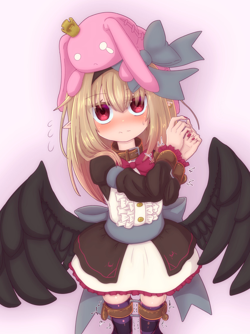 absurdres black_ribbon black_wings blonde_hair blush bound bound_legs bound_wrists dark_feather_alma dress emil_chronicle_online flying_sweatdrops frilled_skirt frills hair_ribbon highres purple_thighhighs red_eyes restrained ribbon rna0 skirt standing stuffed_toy sweatdrop thighhighs tied_up_(nonsexual) wings