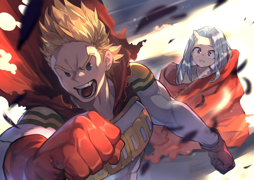 1boy 1girl absurdres blonde_hair boku_no_hero_academia cape eri_(boku_no_hero_academia) gloves highres horns long_hair muscular muscular_male open_mouth parted_lips red_cape red_eyes red_gloves short_hair silver_hair single_horn superhero_costume togata_mirio uedrk_yamato