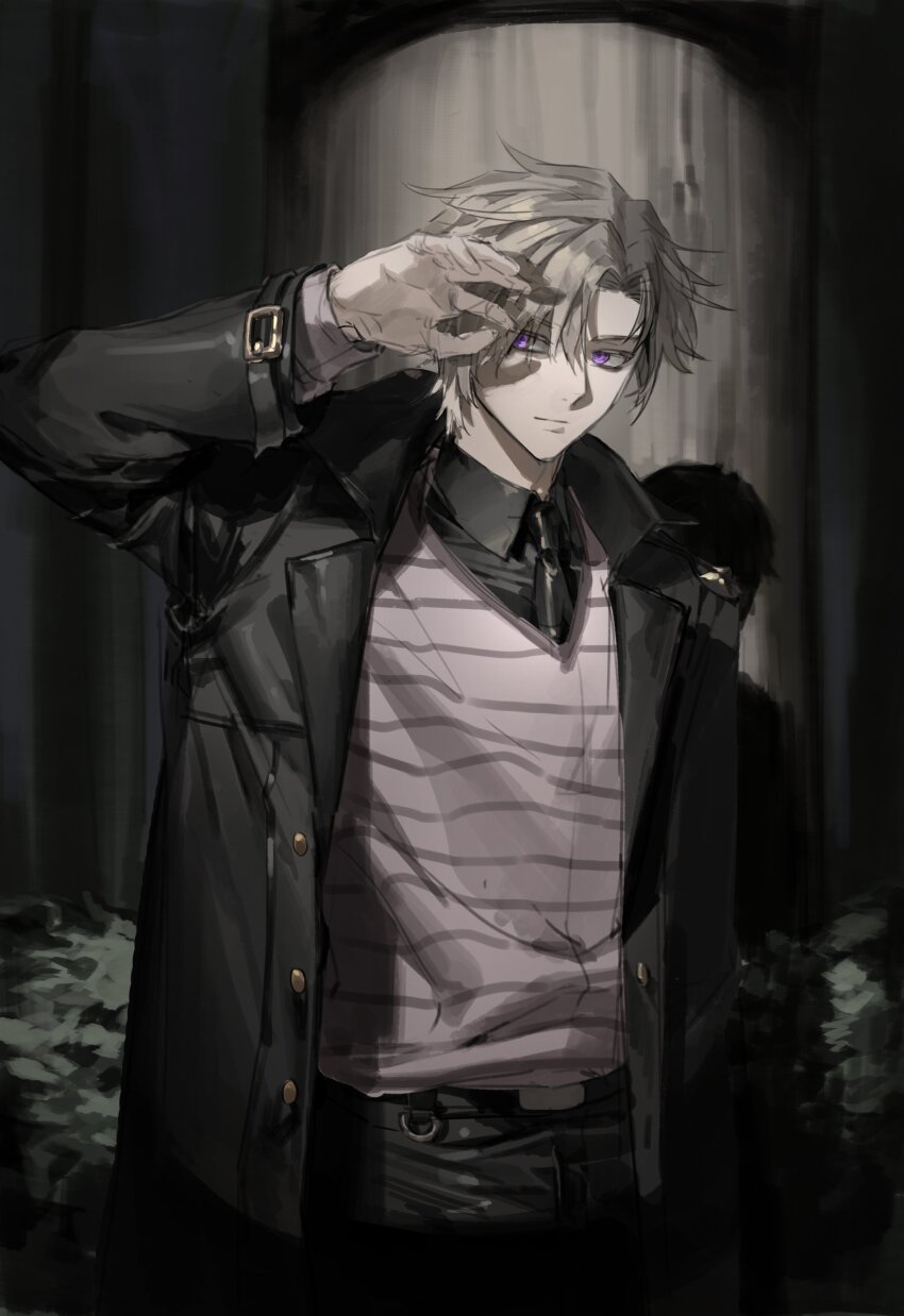 1boy absurdres black_coat black_necktie black_shirt blonde_hair coat collared_shirt cowboy_shot daybit_sem_void fate/grand_order fate_(series) highres long_sleeves looking_to_the_side male_focus necktie open_clothes potato_goril purple_eyes shadow shirt short_hair solo striped_clothes striped_sweater sweater trench_coat
