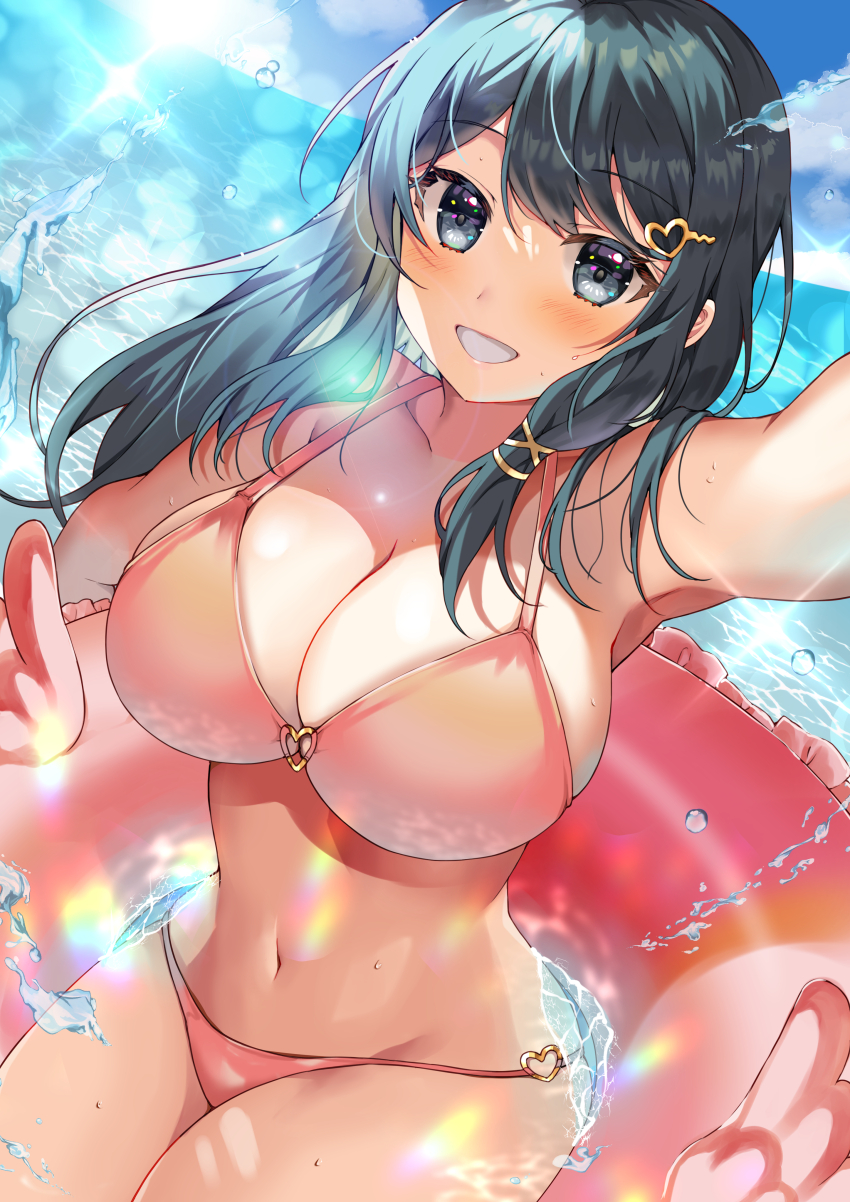 1girl absurdres arm_up bikini blue_eyes blue_hair blue_sky blush breasts cleavage cloud collarbone commentary_request commission day fire_emblem hair_ornament hairclip heart heart_o-ring highres horizon innertube large_breasts long_hair looking_at_viewer navel nintendo o-ring ocean oribe_tsubasa outdoors pink_bikini skeb_commission sky smile solo swim_ring swimsuit teeth tokyo_mirage_sessions_fe water wet yam_(yamap_mako)