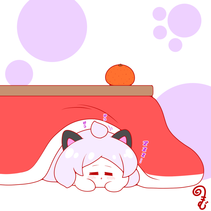 =_= ahoge animal_ears blue_archive blush cat_ears chibi closed_eyes food fruit grey_hair highres hina_(blue_archive) kemonomimi_mode kotatsu kurukurumagical long_hair mandarin_collar motion_lines parted_bangs parted_lips simple_background sleeping solo table under_kotatsu under_table white_background white_hair zzz