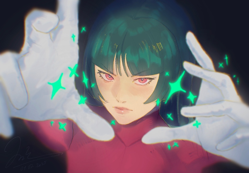 1girl black_background black_hair closed_mouth commentary eyelashes gloves highres long_hair looking_at_viewer melia_art nintendo pink_lips pokemon pokemon_frlg red_eyes sabrina_(pokemon) solo sparkle v-shaped_eyebrows white_gloves