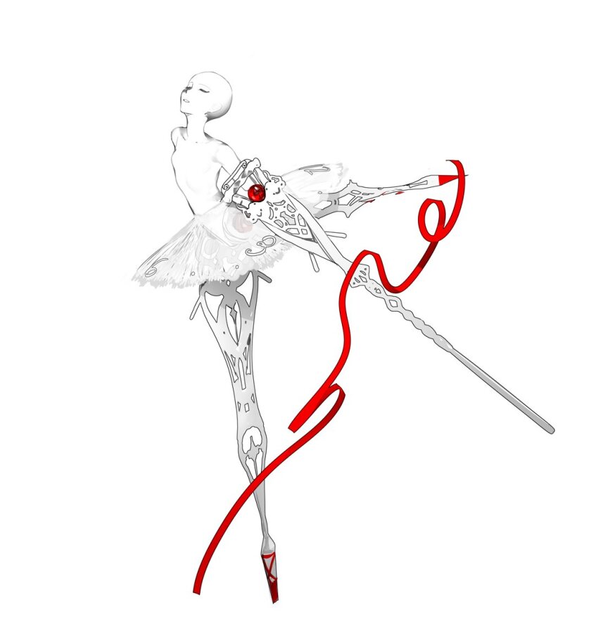 1girl bald ballet closed_eyes commentary_request leg_up original parted_lips red_ribbon ribbon simple_background solo spot_color standing topless_female white_background yyb