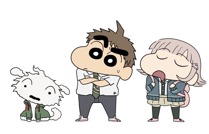 1boy 1girl :o ahoge animal animal_bag black_thighhighs brown_hair cat_bag crayon_shin-chan crossed_arms danganronpa_(series) danganronpa_2:_goodbye_despair dog dress_shirt drooling green_jacket green_necktie hinata_hajime jacket kmnm_1403 komaeda_nagito long_sleeves medium_hair nanami_chiaki neck_ribbon necktie no_hair_ornament open_clothes open_jacket pants pink_bag pink_ribbon ribbon shirt shoes simple_background spaceship_hair_ornament thighhighs two-tone_shirt usui_yoshito_(style) white_background white_shirt