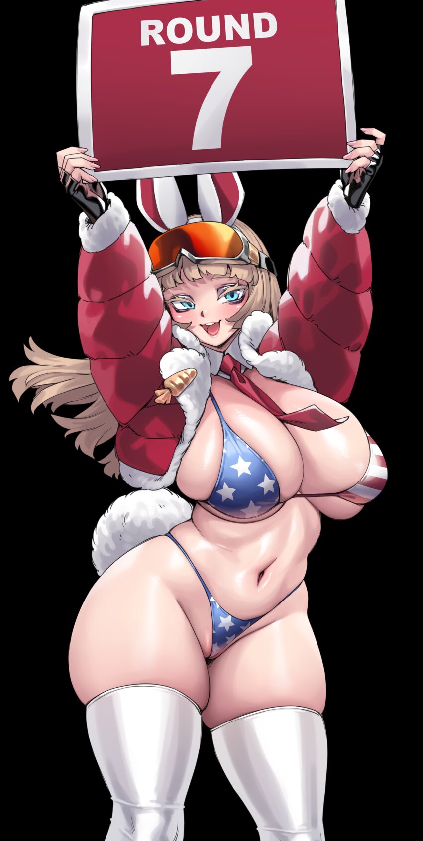 1girl absurdres animal_ears arms_up bikini blonde_hair blue_eyes blush breasts cleavage cowboy_shot curvy eyewear_on_head fur_trim gloves hair_ornament highleg highres holding holding_sign huge_breasts long_hair looking_at_viewer micro_bikini naidong_(artist) navel open_mouth original plump rabbit_girl round_girl sign skindentation smile solo standing stomach swimsuit thick_thighs thighhighs thighs