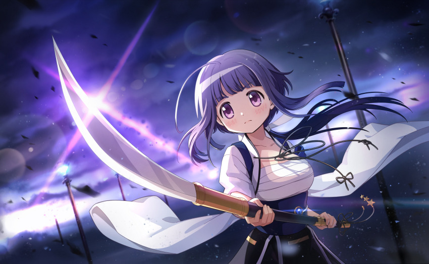 1girl armor artist_request black_ribbon blue_gemstone blue_hair blue_sash blunt_bangs bow chest_sarashi closed_mouth cloud collarbone cowboy_shot debris determined dot_nose dutch_angle floating_clothes floating_hair frown game_cg gem gleam glowing_gem hair_bow haori highres holding holding_polearm holding_weapon jacket japanese_armor japanese_clothes kusazuri lamppost light_blush light_smile long_hair long_sleeves loose_hair_strand low_ponytail magia_record:_mahou_shoujo_madoka_magica_gaiden magical_girl mahou_shoujo_madoka_magica mahou_shoujo_madoka_magica_magia_exedra naginata neck_ribbon night night_sky obi official_art outdoors polearm ponytail purple_eyes ribbon sarashi sash sidelocks sky solo tareme tatsuki_asuka very_long_hair weapon white_bow white_jacket wide_sleeves