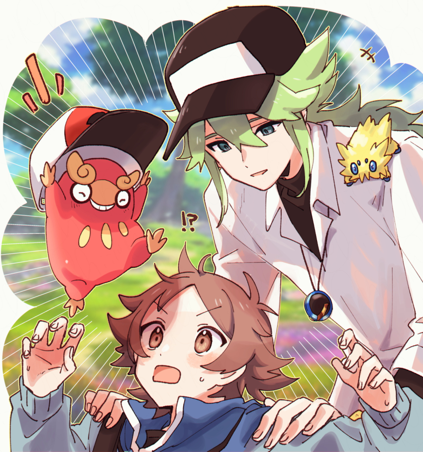 !? +++ 2boys baseball_cap black_headwear black_undershirt blue_jacket blush brown_eyes brown_hair collared_shirt commentary_request darumaka emphasis_lines gen_5_pokemon green_hair hands_up hat highres hii_(hii101) hilbert_(pokemon) jacket jewelry joltik long_hair long_sleeves male_focus multiple_boys n_(pokemon) necklace nintendo open_mouth pokemon pokemon_(creature) pokemon_bw shirt short_hair sweatdrop undershirt white_shirt