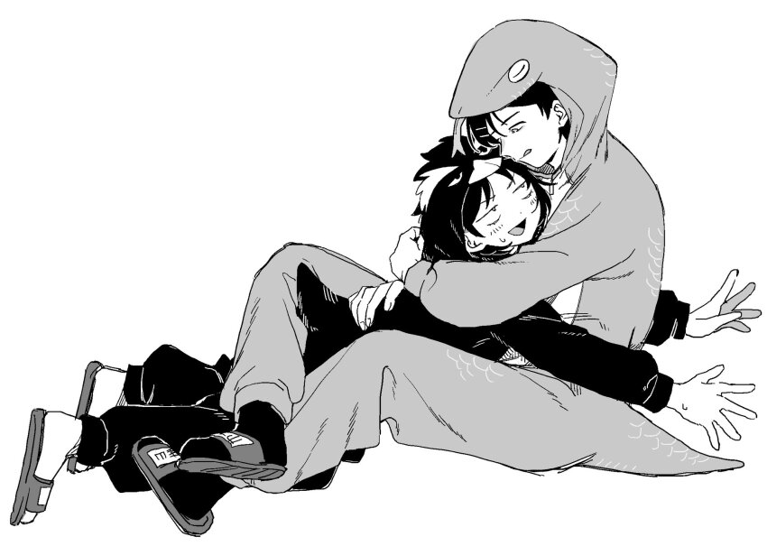 2girls :d :q animal_costume animal_hood blush commentary full_body futsuu_no_keion-bu greyscale hatono_chihiro highres hood hood_up hug kouyama_rin leg_lock long_sleeves looking_at_another monochrome multiple_girls name_tag open_mouth penguin_costume penguin_hood restrained rra_(yj) sandals sanpaku sitting slides smile snake_costume snake_hood socks symbol-only_commentary tongue tongue_out v-shaped_eyebrows yuri
