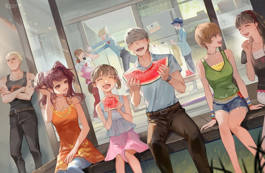 4boys 5girls :d ^_^ absurdres amagi_yukiko belt black_hair black_pants black_shirt black_tank_top blonde_hair blue_hat blue_jacket blue_pants brown_belt brown_eyes brown_hair brown_pants child closed_eyes cousins crossed_arms cup denim denim_shorts doujima_nanako flower food fruit gold_trim green_tank_top grey_hair grey_shirt group_picture hair_ribbon hairband hanamura_yousuke hand_in_own_hair hand_on_lap happy hat headphones heart heart_necklace highres holding holding_cup holding_food house jacket jewelry jumping kitchen knees_together_feet_apart kujikawa_rise kuma_(persona_4) laughing light_smile long_hair multiple_boys multiple_girls narukami_yu necklace open_mouth orange_tank_top outstretched_arms pants persona persona_4 pink_ribbon pink_skirt porch puffy_short_sleeves puffy_sleeves red_flower red_hairband red_pants red_rose ribbon rose satonaka_chie scar scar_on_face shirogane_naoto shirt short_hair short_sleeves short_twintails shorts sidelocks sitting skirt skull_tattoo sliding_doors smile socks t-shirt tank_top tatsumi_kanji tattoo teeth tk_(tksnim) twintails very_short_hair watch watermelon watermelon_slice wavy_mouth white_pants white_shirt white_undershirt wristwatch yellow_undershirt