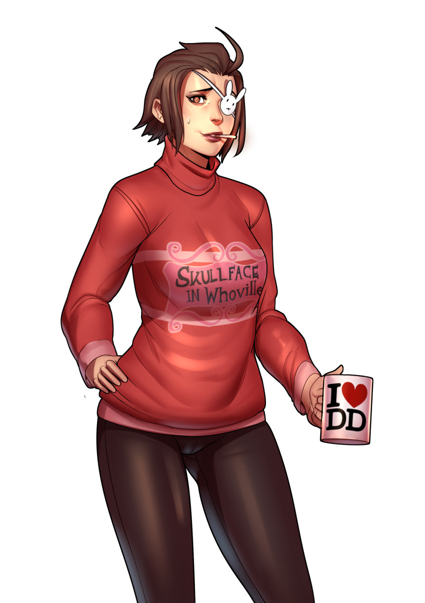 1girl absurdres ahoge bad_id bad_tumblr_id breasts brown_eyes brown_hair cameo christmas christmas_sweater cigarette clothes_writing cowboy_shot cup eyepatch hand_on_own_hip highres jane_doe_(john_doe_(jdart)) john_doe_(jdart) lips looking_at_viewer medium_breasts mug mug_writing original rabbit_eyepatch short_hair smoking solo sweatdrop sweater transparent_background turtleneck whoville