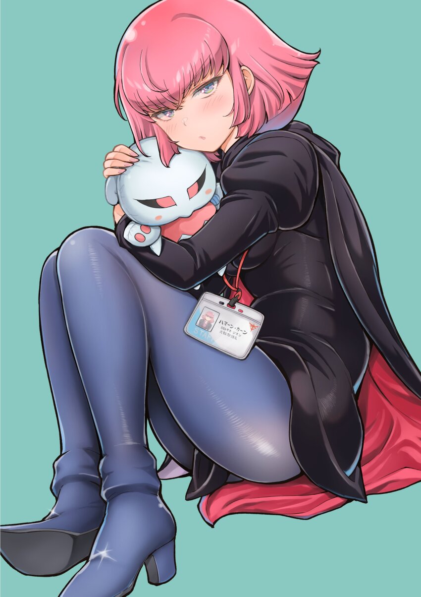 1girl absurdres arasa_ol_haman-sama blue_eyes blush breasts cape character_doll doll dress gundam haman_karn highres iwasaki_masakazu long_sleeves looking_at_viewer name_tag official_art pink_hair purple_eyes qubeley short_hair simple_background solo