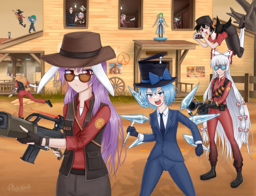 assault_rifle camera cirno cosplay daiyousei demoman_(tf2) demoman_(tf2)_(cosplay) engineer_(tf2) engineer_(tf2)_(cosplay) english_text flamethrower fujiwara_no_mokou fumo_(doll) grummsed gun h&amp;k_g36 hata_no_kokoro heavy_(tf2) heavy_(tf2)_(cosplay) holding holding_camera ibuki_suika icicle kawashiro_nitori kirisame_marisa komeiji_koishi konpaku_youmu medic_(tf2) medic_(tf2)_(cosplay) pyro_(tf2) pyro_(tf2)_(cosplay) reisen_udongein_inaba rifle russian_commentary russian_text saigyouji_yuyuko scout_(tf2) scout_(tf2)_(cosplay) shameimaru_aya sniper_(tf2) sniper_(tf2)_(cosplay) sniper_rifle_(tfc) soldier_(tf2) soldier_(tf2)_(cosplay) spy_(tf2) spy_(tf2)_(cosplay) team_fortress_2 teleporter touhou translated weapon