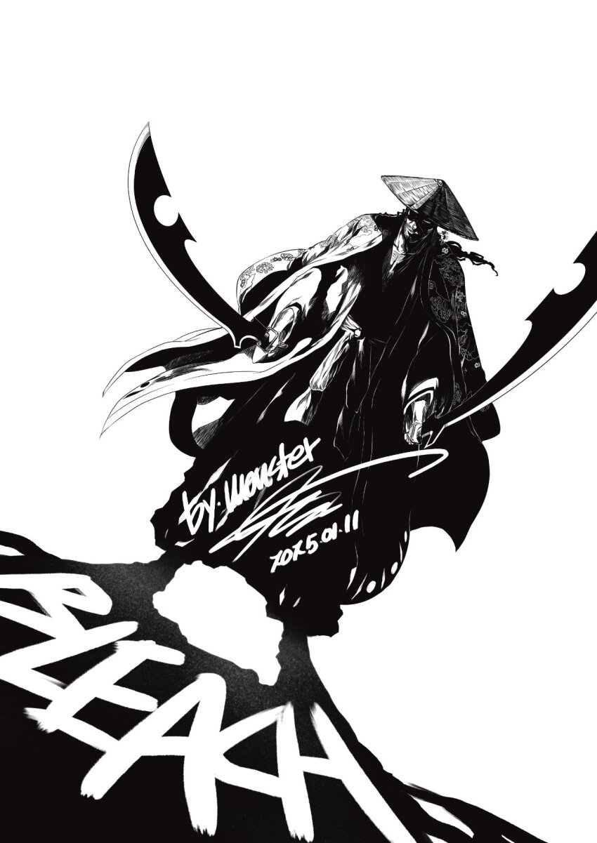 1boy 2025 black_hakama black_kimono bleach bleach:_sennen_kessen-hen commentary_request copyright_name dated dual_wielding dutch_angle eyepatch facial_hair floral_print floral_print_kimono full_body greyscale hakama haori hat highres holding holding_sword holding_weapon japanese_clothes katen_kyoukotsu_(shikai) kimono kimono_on_shoulders korean_commentary kyouraku_shunsui male_focus monochrome monster_art_(rlawnsgr7) one_eye_covered parted_lips print_kimono procreate_(medium) shadow signature simple_background smile solo standing straw_hat stubble sword taichou_haori weapon white_background