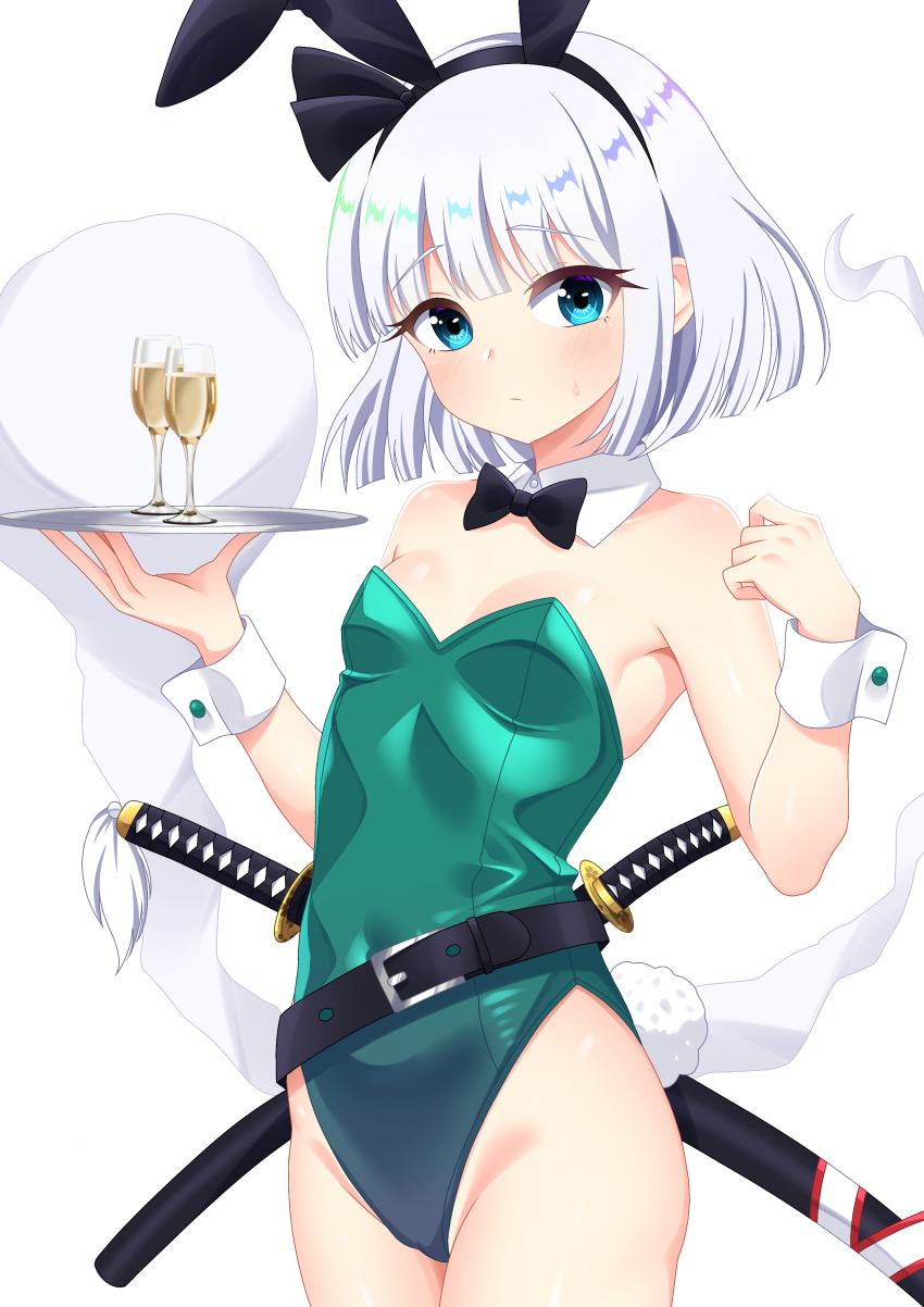 2girls absurdres animal_ear_hairband animal_ears belt black_belt black_bow black_bowtie blue_eyes bow bowtie breasts casino_card_table champagne_flute cipher_(user_watm8555) covered_navel cup detached_collar drinking_glass fake_animal_ears green_leotard hairband highres hitodama katana konpaku_youmu konpaku_youmu_(ghost) leotard looking_at_viewer multiple_girls pantyhose playboy_bunny rabbit_ears rabbit_tail scabbard sheath short_hair simple_background small_breasts solo_focus strapless strapless_leotard sword table tail touhou tray weapon white_background white_hair wrist_cuffs