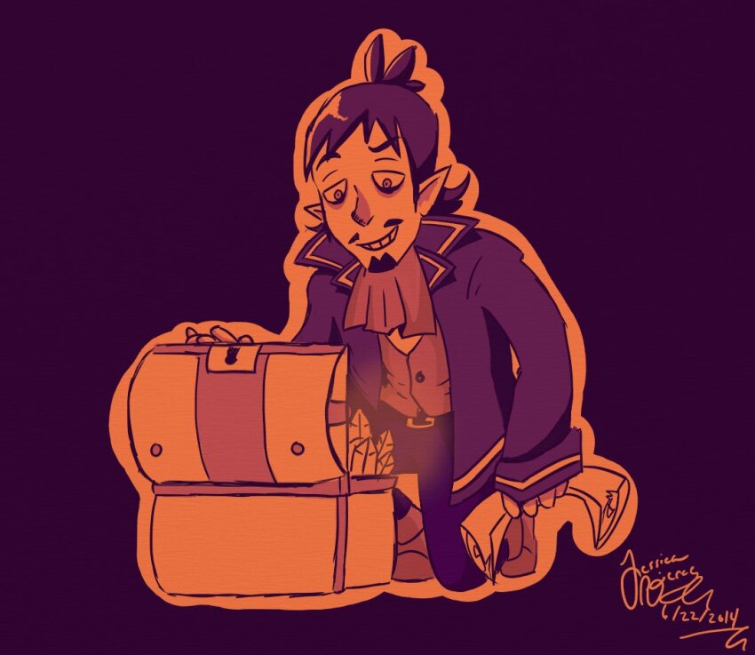 1boy ascot beard coat dated facial_hair full_body holding holding_map kneeling linebeck long_sleeves male_focus map medium_hair mushy_(ladylinebeck) mustache nintendo pointy_ears purple_background purple_theme rupee_(zelda) signature solo the_legend_of_zelda the_legend_of_zelda:_phantom_hourglass treasure_chest