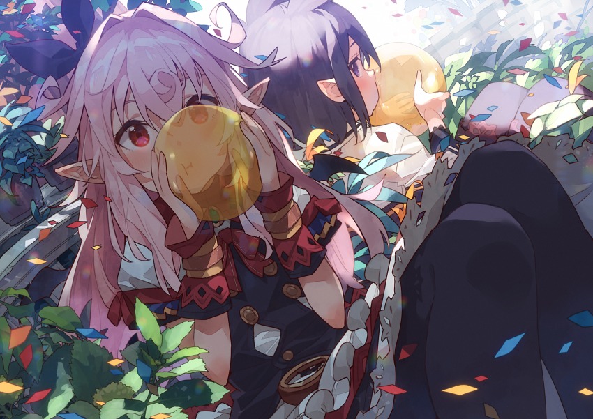 2girls animal_ears balloon blush bow bowtie closed_mouth commentary_request confetti grass hair_bow hair_ornament hairband highres holding long_sleeves looking_at_viewer looking_back mano_(narumi_arata) multiple_girls narumi_arata original outdoors pink_hair pointy_ears purple_eyes recri_(narumi_arata) red_eyes red_neckwear red_skirt short_hair short_sleeves sitting skirt vest