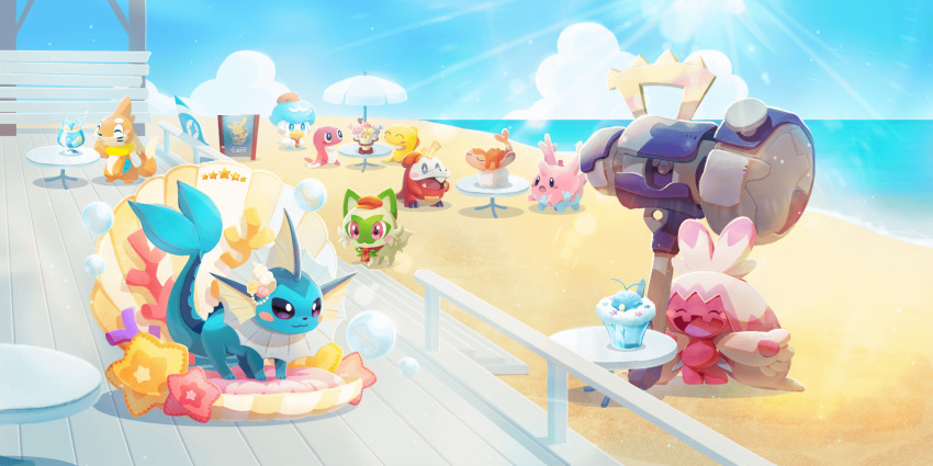 +_+ :3 :o artist_request ascot beach beach_umbrella blue_sky blush blush_stickers buizel character-themed_food closed_eyes closed_mouth clothed_pokemon cloud corsola fangs fins fuecoco gen_1_pokemon gen_2_pokemon gen_3_pokemon gen_4_pokemon hammer hat head_fins highres holding holding_hammer nintendo no_humans ocean official_art open_mouth outdoors pokemon pokemon_(creature) pokemon_cafe_remix pokemon_focus purple_eyes quaxly red_ascot red_eyes red_hat sand shell sky smile sprigatito star_(symbol) starter_pokemon_trio sunlight surfboard swablu table tatsugiri tatsugiri_(curly) tatsugiri_(droopy) tatsugiri_(stretchy) third-party_source tinkaton umbrella vaporeon vaporeon_(tropical) water