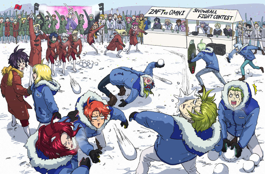 &gt;_&lt; 00s 6+boys 6+girls ahoge aisha_(gundam) andrew_waltfeld annotated arthur_trine athrun_zala auel_neider black_hair blonde_hair blue_eyes blue_hair brown_eyes brown_hair cagalli_yula_athha clotho_buer coat cup dearka_elsman empty_eyes everyone closed_eyes flag flay_allster forbidden_gundam fur gilbert_durandal gloves gundam gundam_seed gundam_seed_destiny heine_westenfluss kira_yamato lacus_clyne long_hair lunamaria_hawke martin_dacosta mask meer_campbell meyrin_hawke microphone miguel_aiman miriallia_haw mu_la_flaga mudie_holcroft multiple_boys multiple_girls murrue_ramius muruta_azrael natarle_badgiruel nicol_amafli o_o orga_sabnak pink_hair rau_le_creuset red_hair rey_za_burrel rusty_mackenzie satou_kivi scarf shani_andras shield shiho_hahnenfuss shinn_asuka siblings silver_hair sisters snow snowball snowball_fight stellar_loussier stereo sting_oakley talia_gladys uniform vino_dupre winter_clothes winter_coat yolant_kent yzak_joule