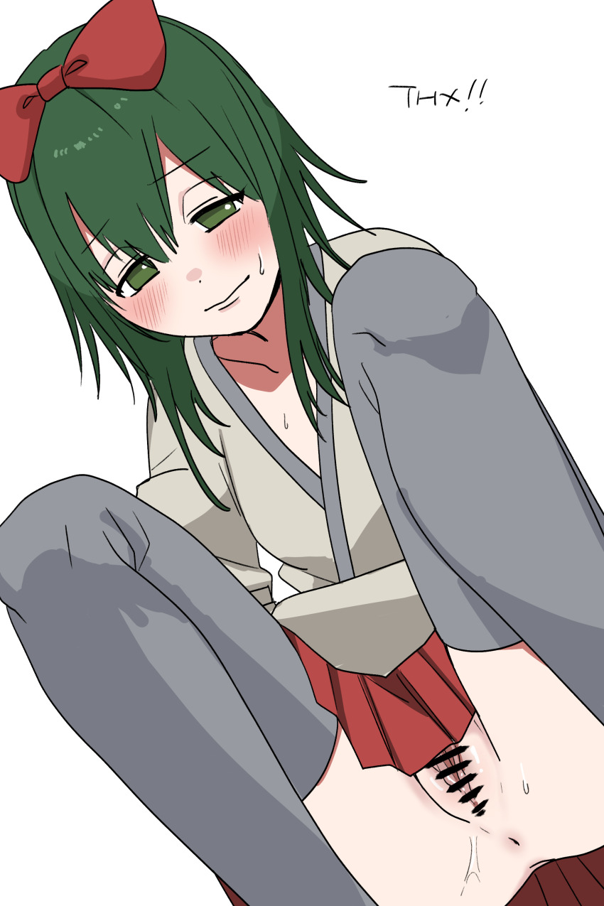 1girl absurdres anus bar_censor blush bow censored commission commissioner_upload green_eyes green_hair grey_thighhighs gumi hair_between_eyes hair_bow hakama hakama_short_skirt hakama_skirt highres japanese_clothes kitsune_no_yomeiri_(vocaloid) long_sleeves medium_hair no_panties non-web_source oni_to_kitsune_no_hanashi pussy red_bow red_hakama shishikusa_mai simple_background skeb_commission skirt solo squatting sweat thank_you thighhighs vocaloid white_background youkan_kirai