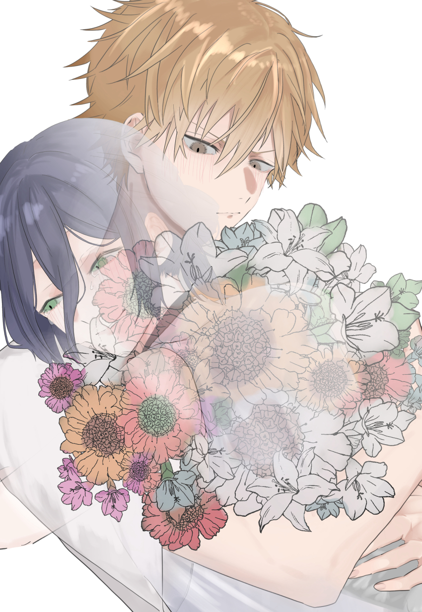 1boy 1girl absurdres black_hair blonde_hair bouquet chainsaw_man commentary_request denji_(chainsaw_man) flower green_eyes grey_eyes hair_between_eyes highres holding holding_bouquet hug reze_(chainsaw_man) shonimon short_hair simple_background white_background